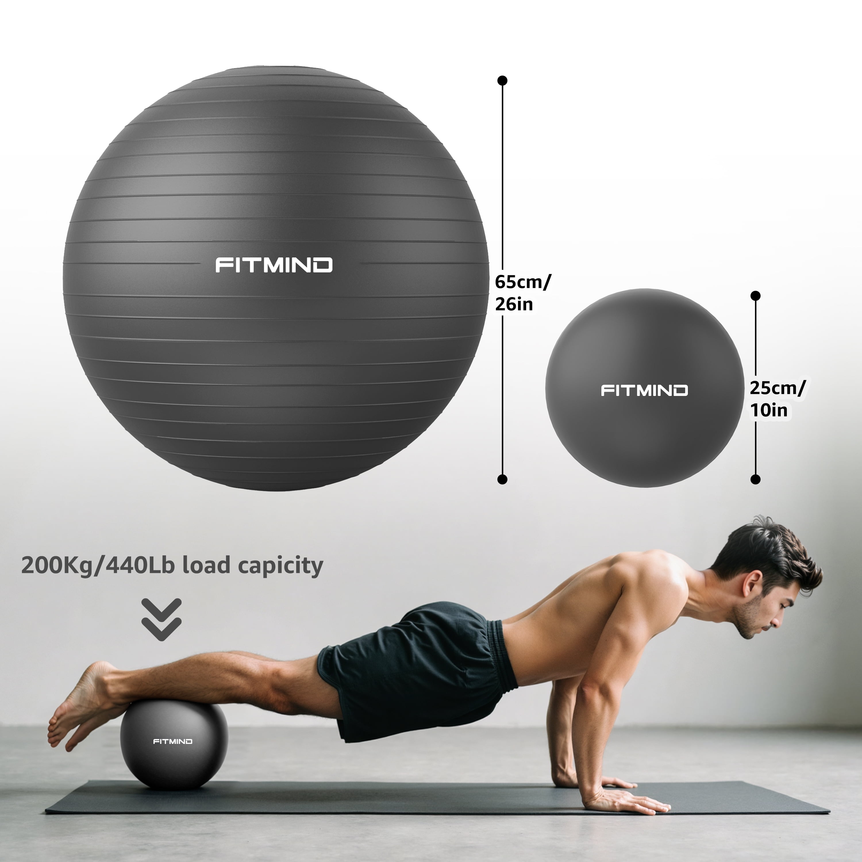 FITMIND Exercise Balls Set 26"& 10" for Yoga and Pilates, Anti-Burst, Parent-Baby Hours, Hand Pump, Black