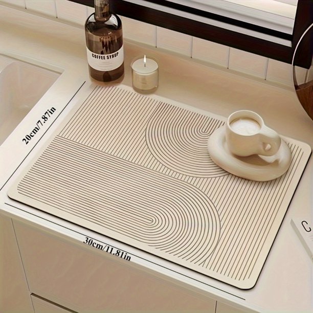 Alfombra de secado antiarañazos con diseño geométrico moderno, color blanco elegante con costuras marrones, adecuada for encimeras de cocina y estufas