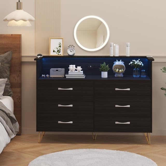 Dresser for Bedroom with LED Lights – 6 Drawer Dressers with Charging Station, Wood Storage Chest for Entryway, Closet, Living Room, Hallway – Sturdy Steel Frame, Wooden Top, Easy Pull Handles
