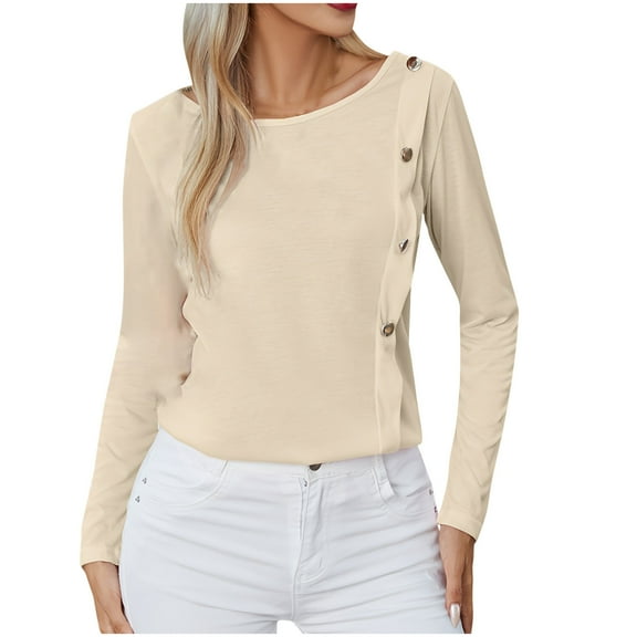 BLVB Women's Fall Spring Tunic Tops Round Neck Button Long Sleeve T-Shirts Casual Loose Ladies Going out Blouse