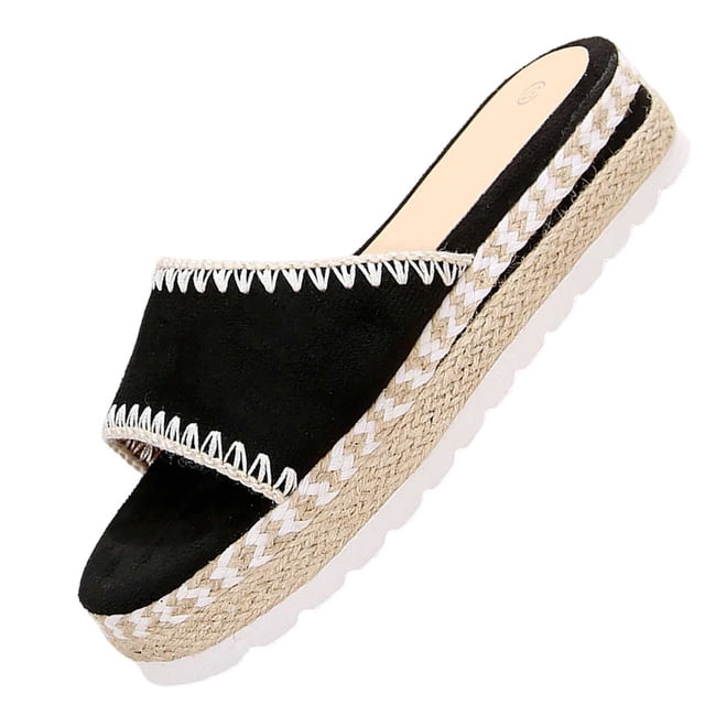 Zapatos Suaves para las Mujeres Cómodos de Color Sólido Redondo Del Dedo Del Pie Espadrulle Sandalias Planas, Zapatos Negros de Mujer Mulas Transpirables