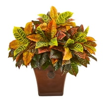Nearly Natural 25in. Garden Croton Artificial Plant in Brown Planter (Real Touch)