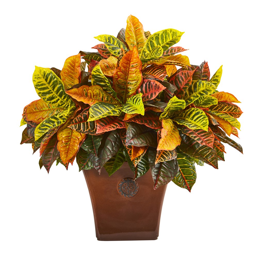 Nearly Natural 25in. Garden Croton Artificial Plant in Brown Planter