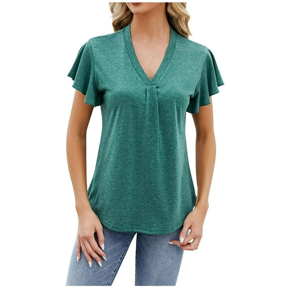gakvbuo Summer Tops For Womens Tops Loose Ruffle Short Sleeve Pleated Front V Neck Tunic Tops Dressy Blouses T-Shirts
