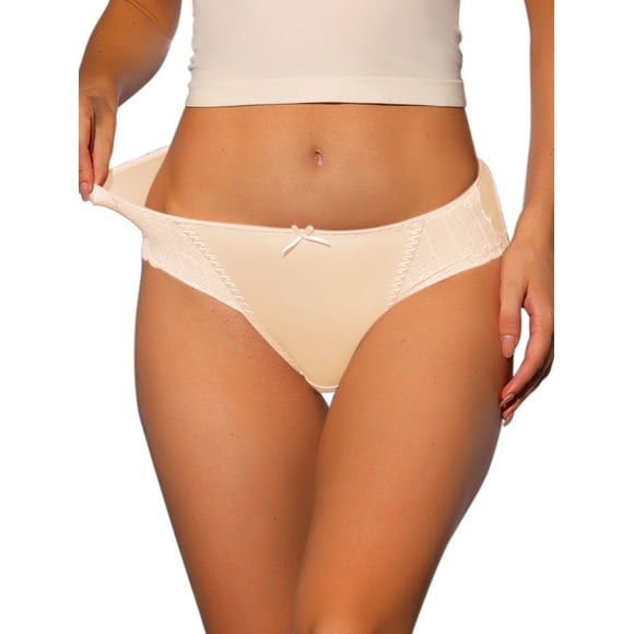 Allegra K Women's Satin Mid-Rised Comfortable Brief Lace Trim Breathable Bikini Underwears Beige XL