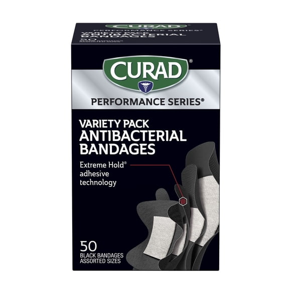 CURAD Performance Series Antibacterial Adhesive Bandages Variety Pack, Assorted Sizes, Black - 50 Count (Box of 50)