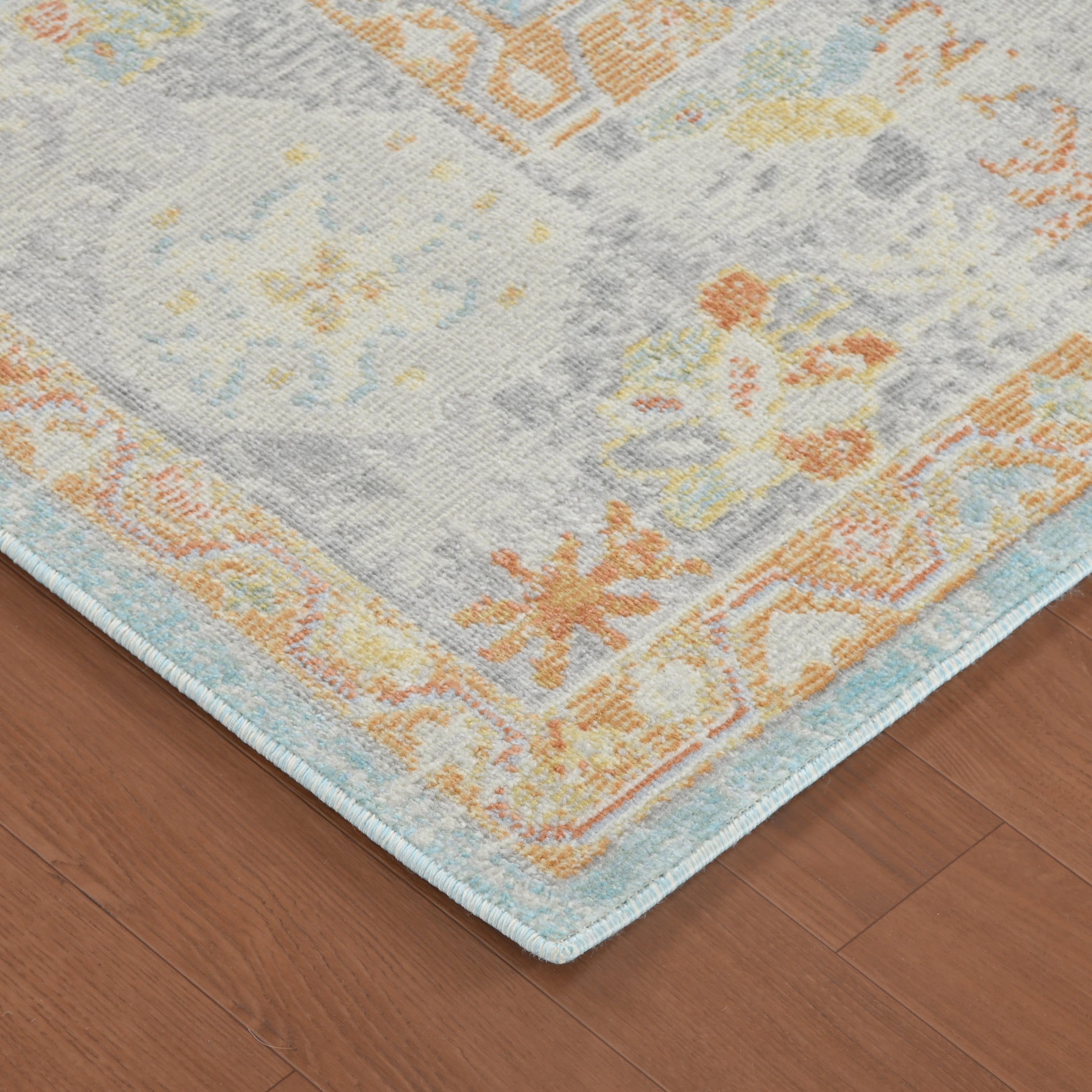 Luxee Designs Bohemian Style Bordered Indoor/Outdoor Area Rug 5x7 for High Traffic Area - Aqua/Beige