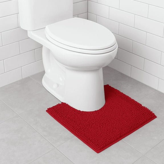 U-shaped Toilet Rug, Soft Polyester Bathroom Mat, Non- Slip, Water Absorbent, Plush Comfort 20x20, Red
