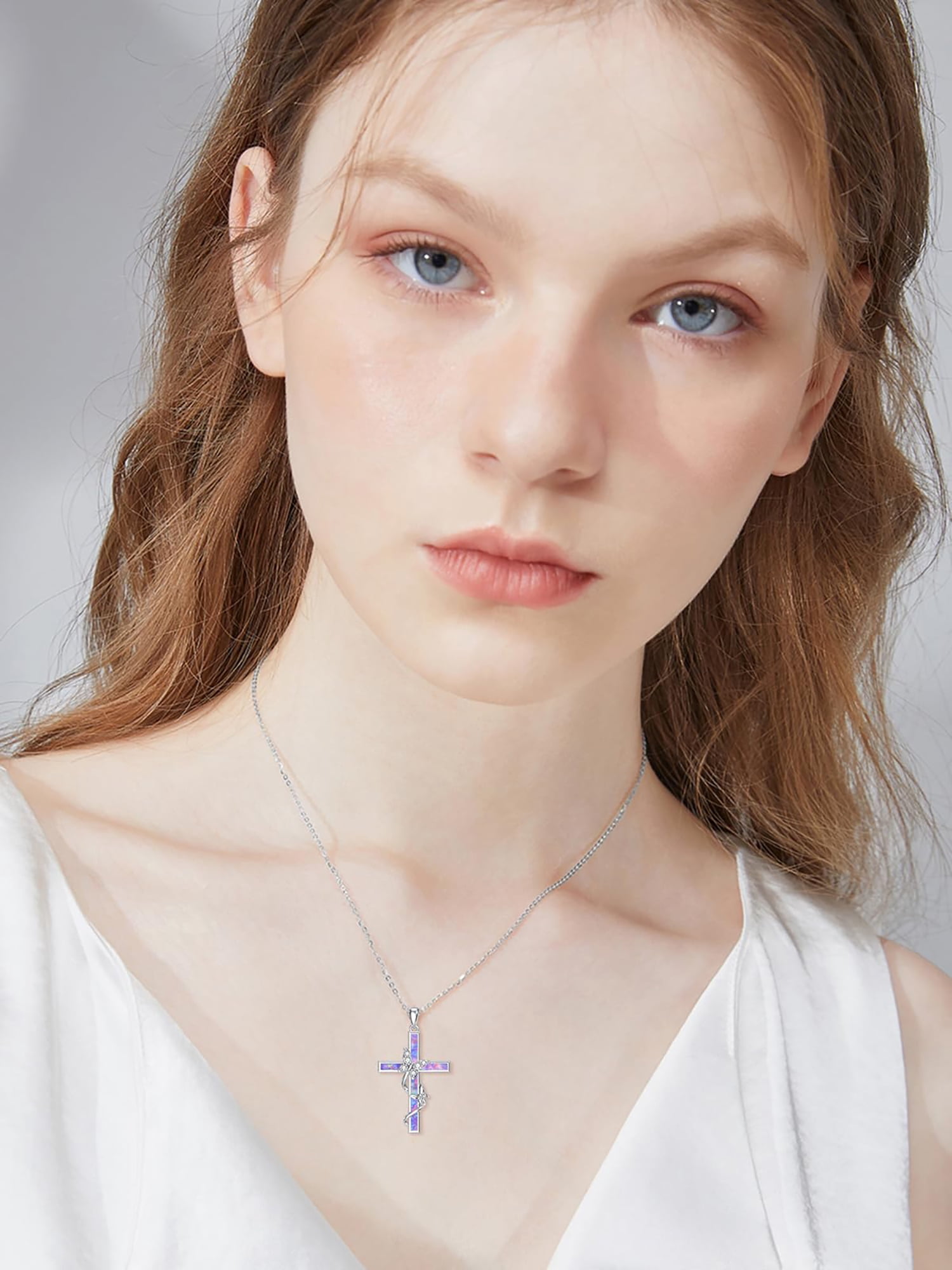 WINNICACA Cross Necklace for Women 925 Sterling Silver Butterfly Pendant Necklace Purple Opal Jewelry  Birthday Anniversary Mothers Day Gifts for Women