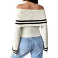 thumbnail image 6 of Womens Off One Shoulder Sweater Tops Summer Long Sleeve Stripe Casual Loose Knit Trendy Going Out Tops White S, 6 of 10