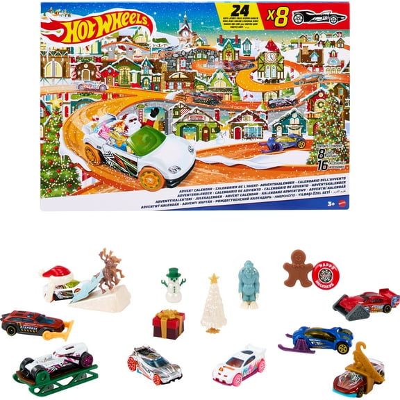 Hot Wheels Advent Calendar 2023, 8 Hot Wheels Cars and 16 Accessories