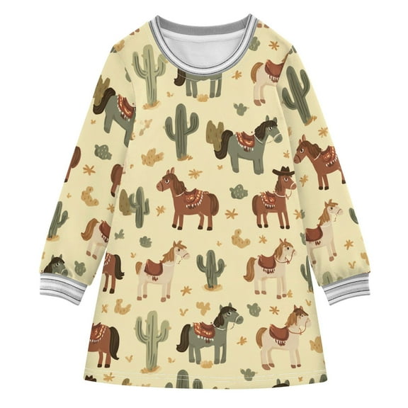 Girls' long-sleeved dress Cute Cowboy Brown Horse Girls' A-line dress with ribbed cuffs Soft and comfortable