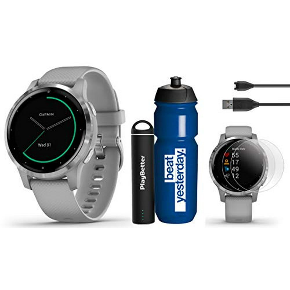 Garmin Vivoactive 4S (Graysilver) Premium Runners Bundle 2019 Model With Garmin Water Bottle, Hd