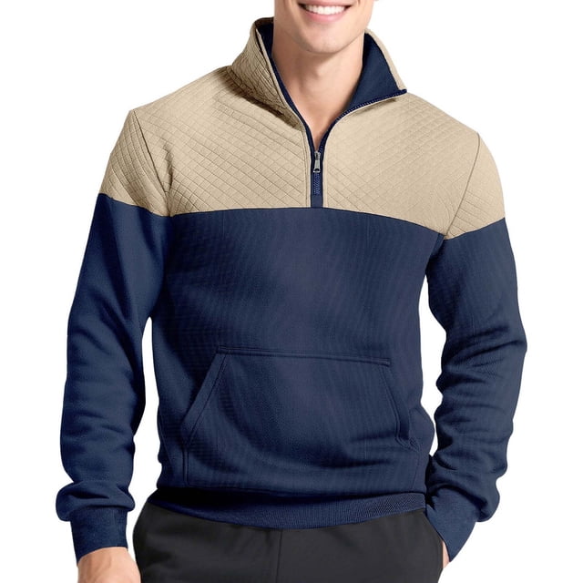 Camisas de Manga Larga Casual Color Sólido Empalmado Reversible Doble Bolsillo Cremallera Suéter Superior para el Trabajo