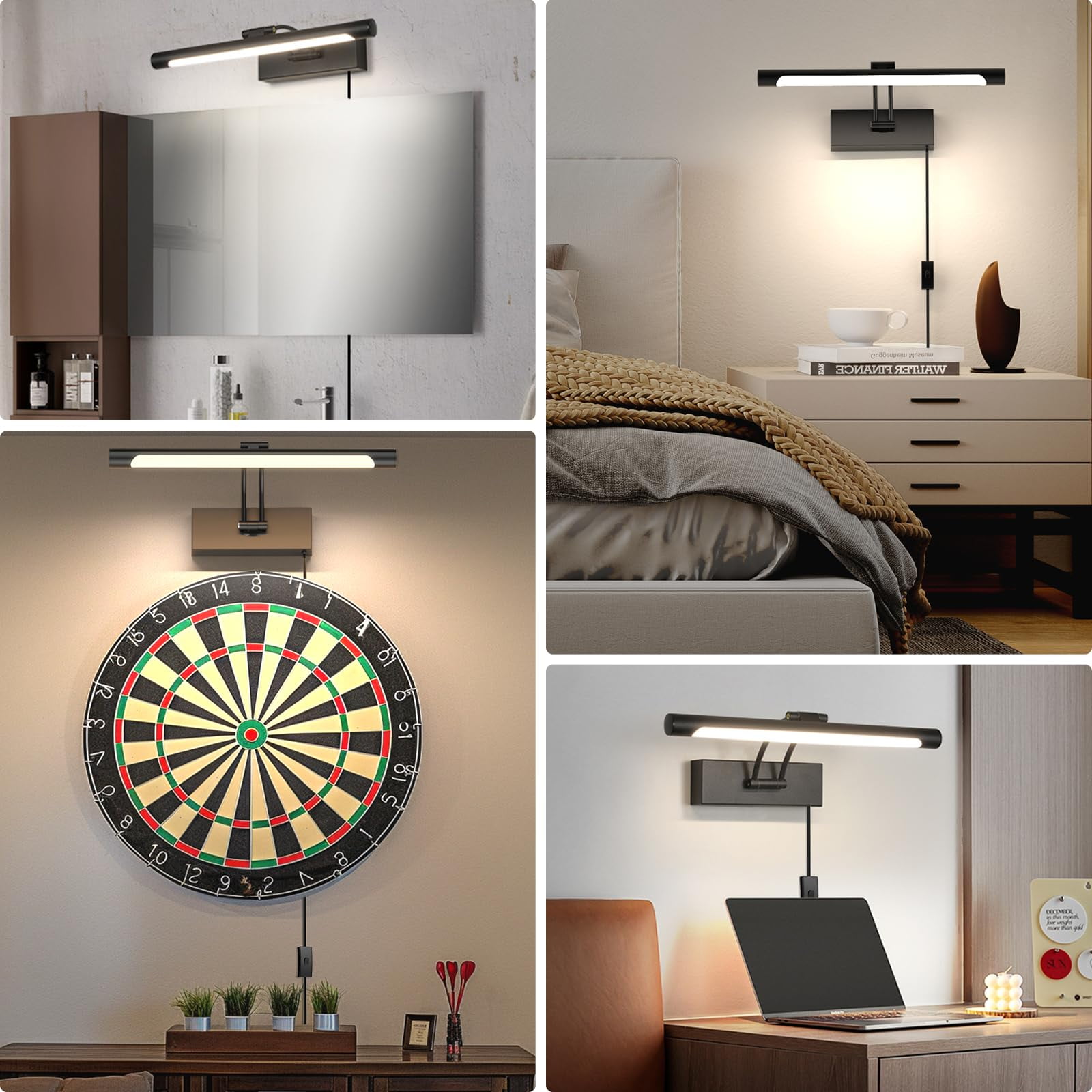 Black Hardwired LED Picture Light - 14-Inch Wall Sconce for Artwork, Dart Boards, and Gallery Displays