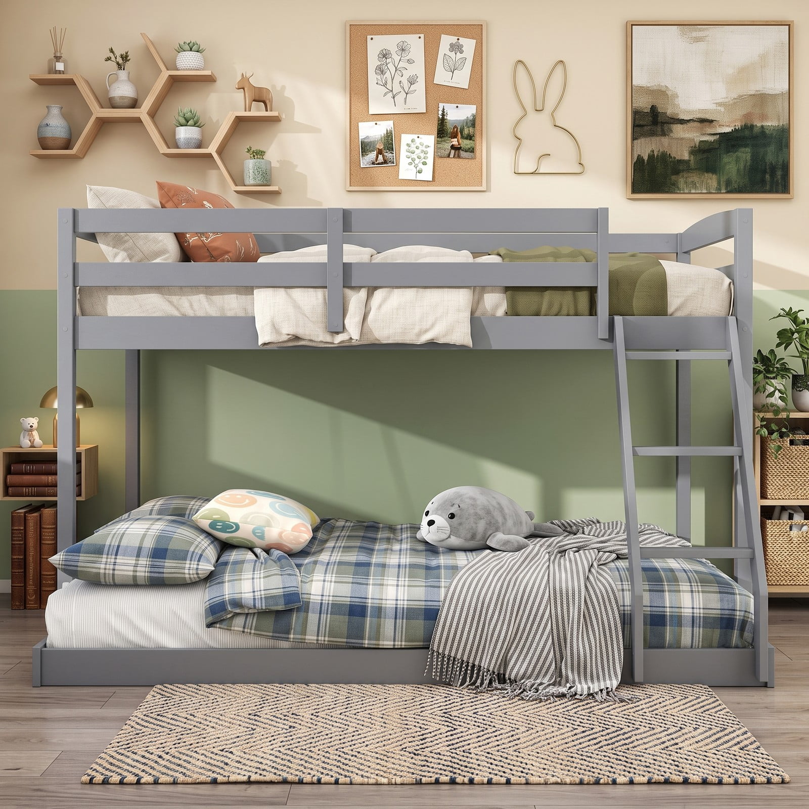 Furnibear Twin Over Full Low Floor Wood Bunk Bed with Guardrails and Integrated Ladder for Kids Teens and Guest Rooms, Gray