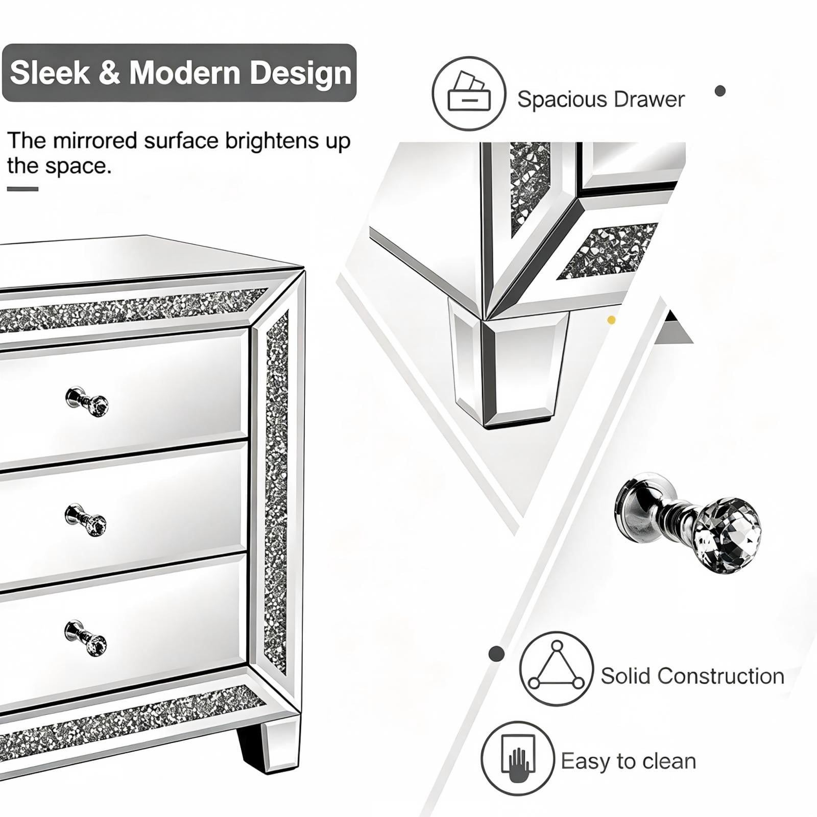 3-Drawer Mirrored Nightstand with Diamond Accents, MDF Bedside Table and Storage Cabinet, for Bedroom, Sofa Side, Entryway