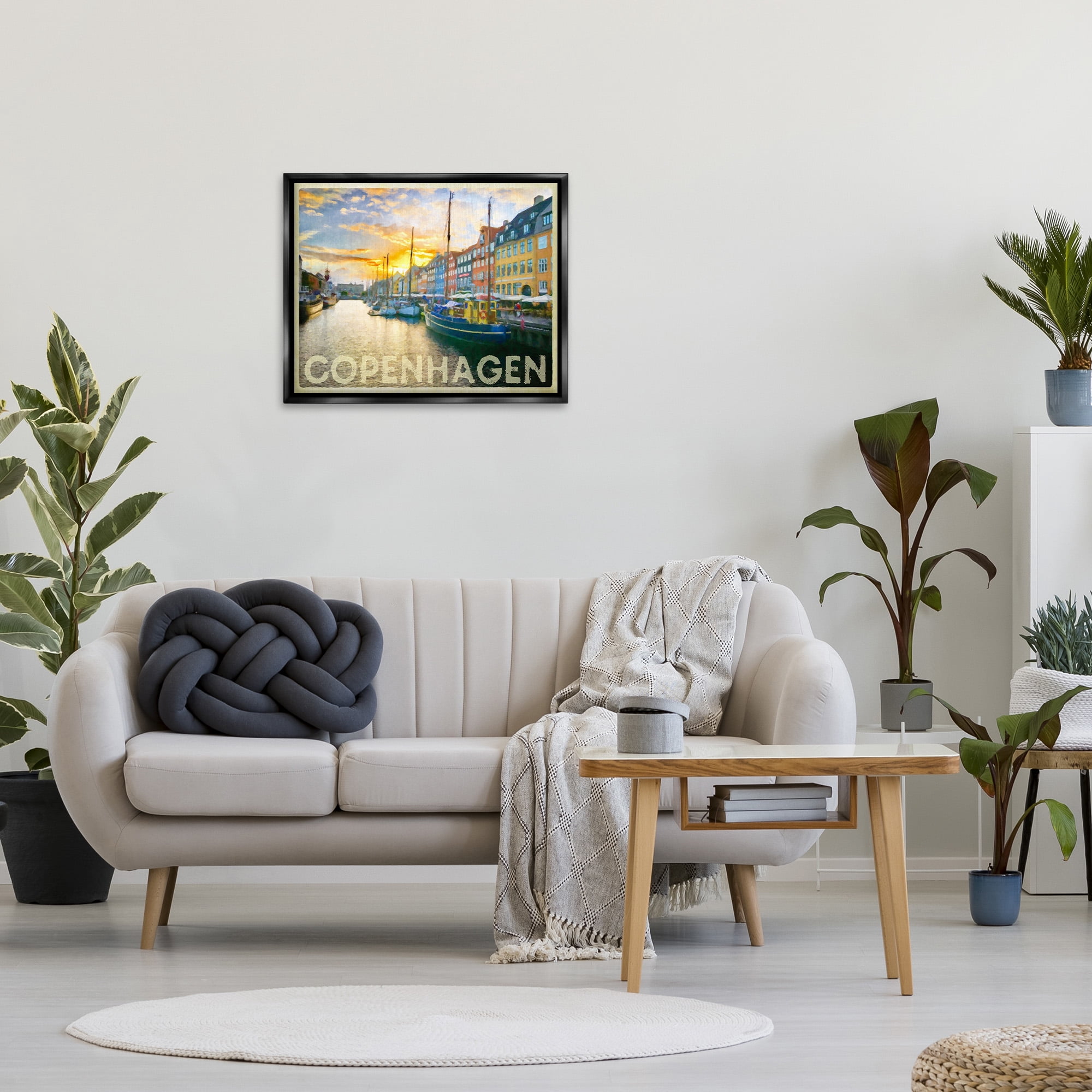 Stupell Industries Copenhagen Canal Boats Transportation Painting Black Floater Framed Canvas Art Print Wall Art, 31 x 25