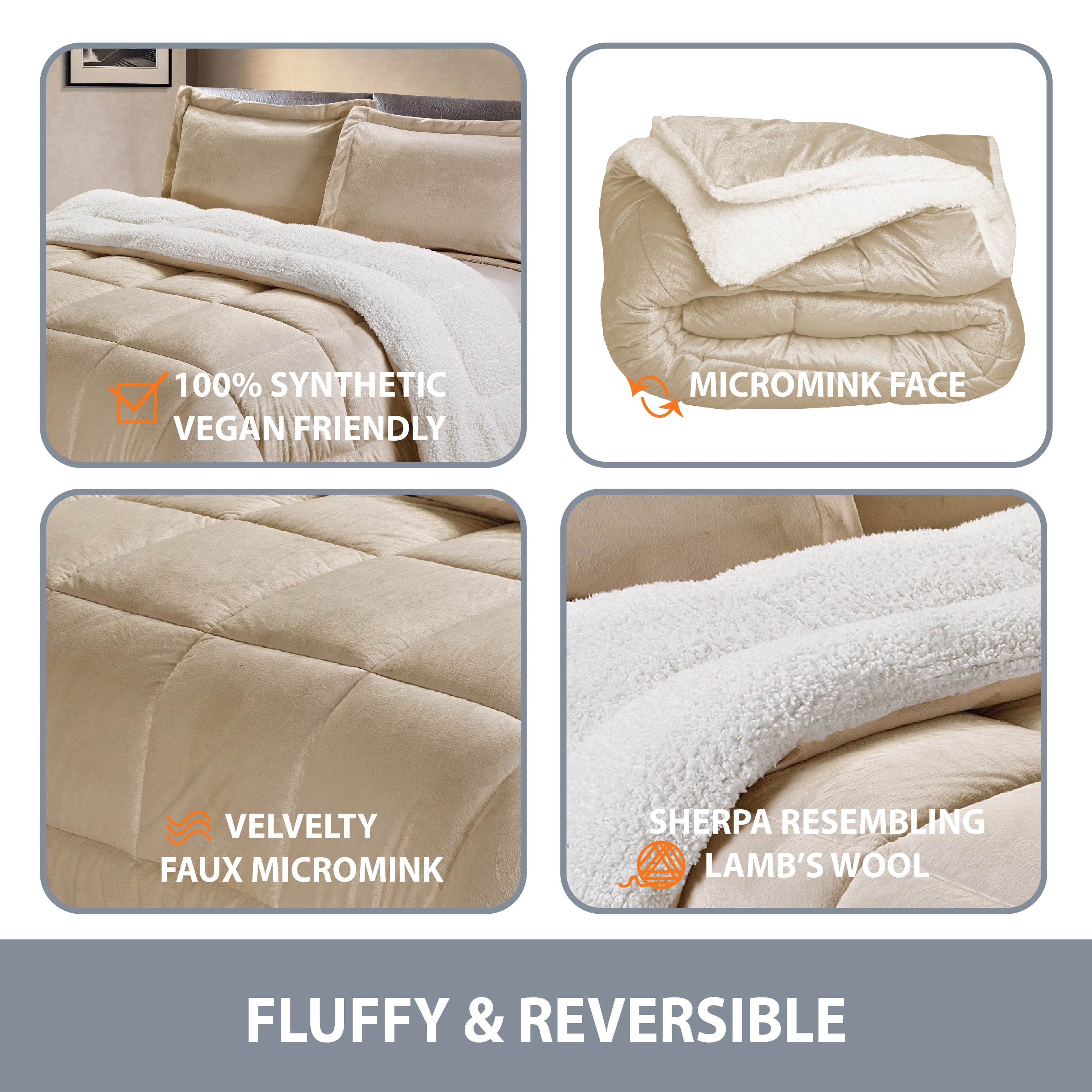 Swift Home 3PC Reversible Winter Plush Sherpa Faux Micromink Comforter Set, Camel, Queen