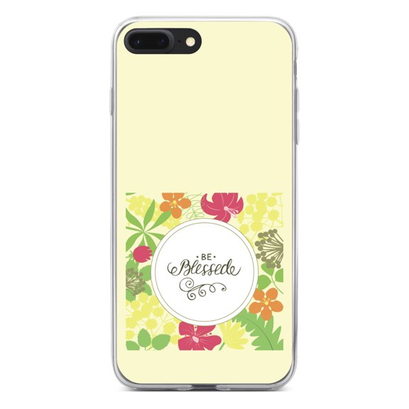 DistinctInk Clear Shockproof Hybrid Case for iPhone 7 PLUS / 8 PLUS (5.5" Screen) - TPU Bumper, Acrylic Back, Tempered Glass Screen Protector - Be Blessed - Floral Pattern Yellow