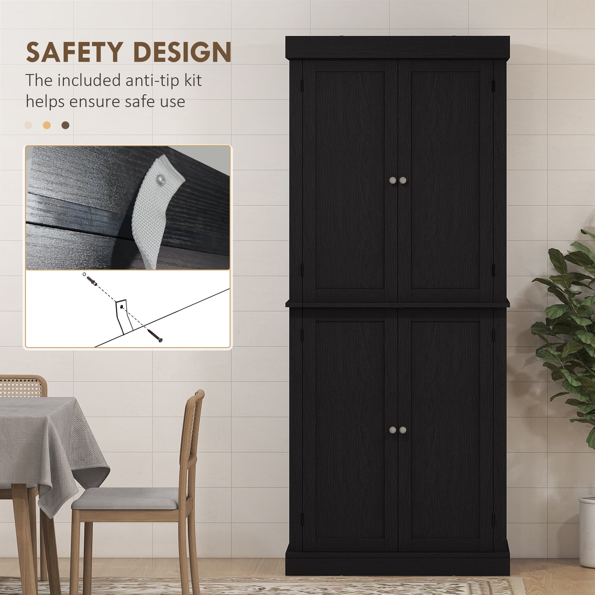 HOMCOM 72" Traditional Freestanding Kitchen Pantry Cupboard with 2 Cabinet, and Adjustable Shelves, Black Wood Grain