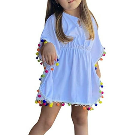 

Yinyinxull Kids Baby Girls Clothes Swim Cover Up Summer Beach Pom Pom Tassels Dress White 4-5 Years