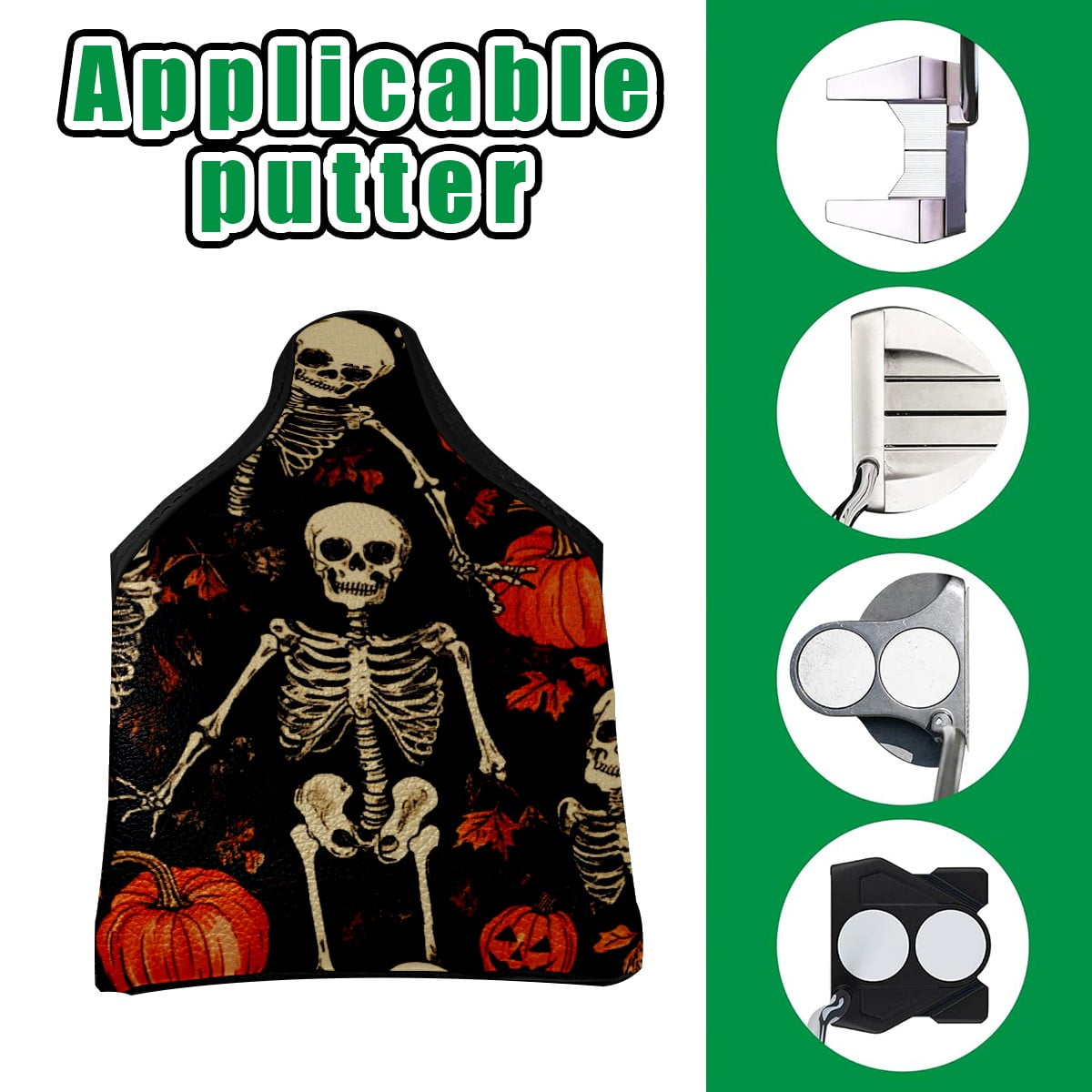 Golf Mallet Putter Cover Premium Leather Waterproof Golf Putter Head Cover with Magnetic Closure Pumpkin Skull