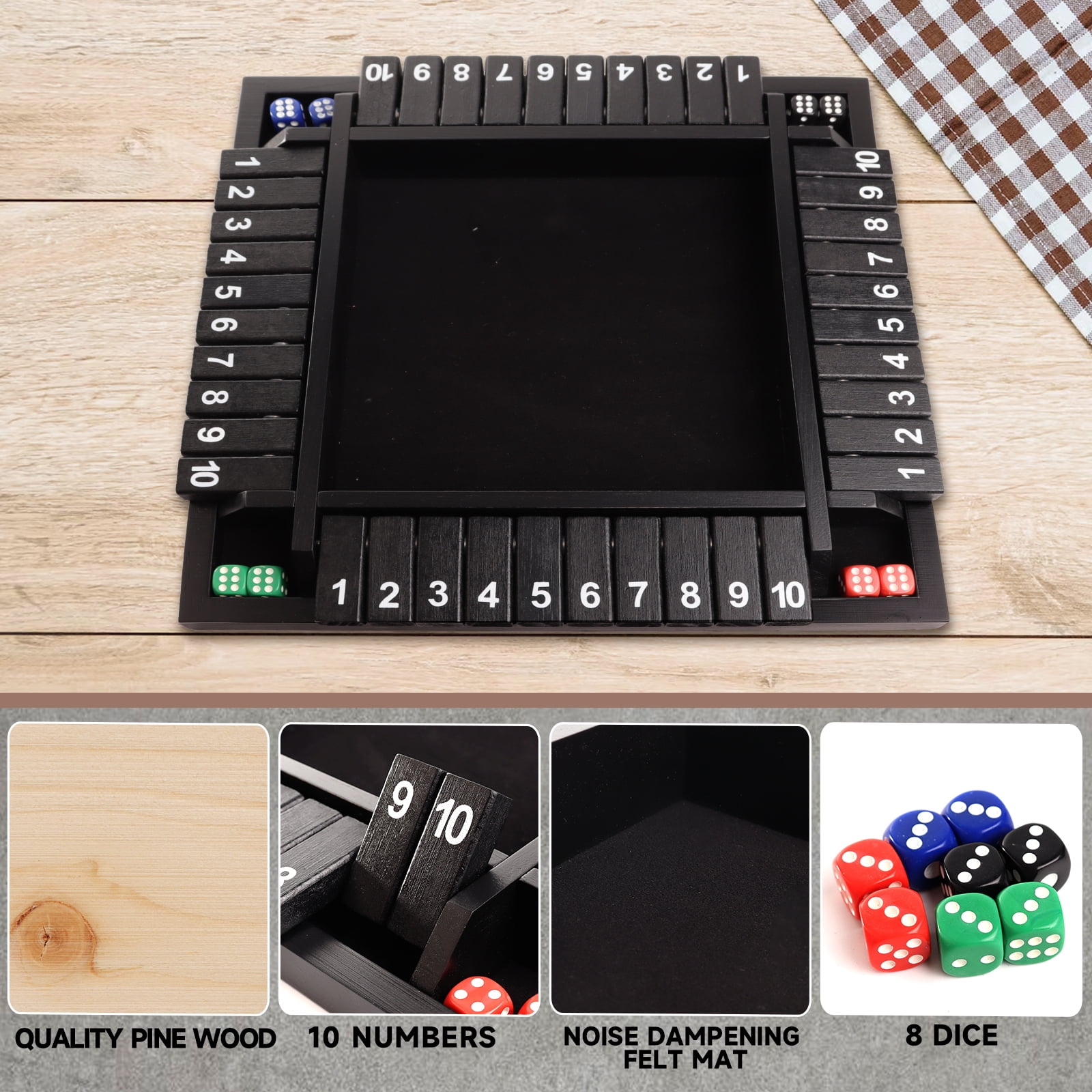 GSE Games & Sports Expert 4-Player 10 Numbers Wooden Shut the Box Dice Board Game with 8 Dices. Classic Tabletop Version of Popular English Pub Game - Black