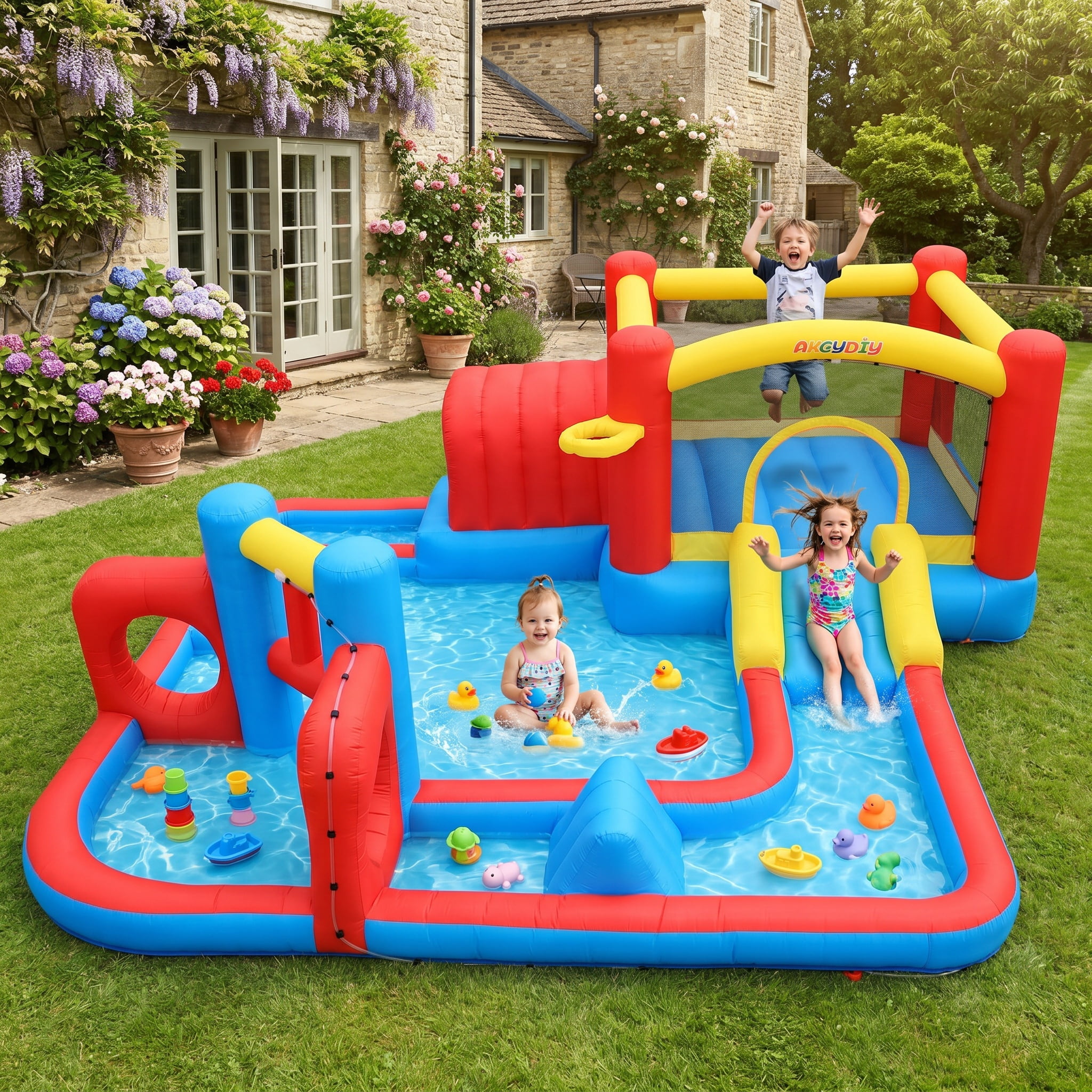 Inflatable Water Slide, Kids Bounce House Castle Splash Pool for 3-8, Backyard Bouncy Castle with 520W Blower,Basketball Hoop,Jumping Area, Obstacle and Tunnel
