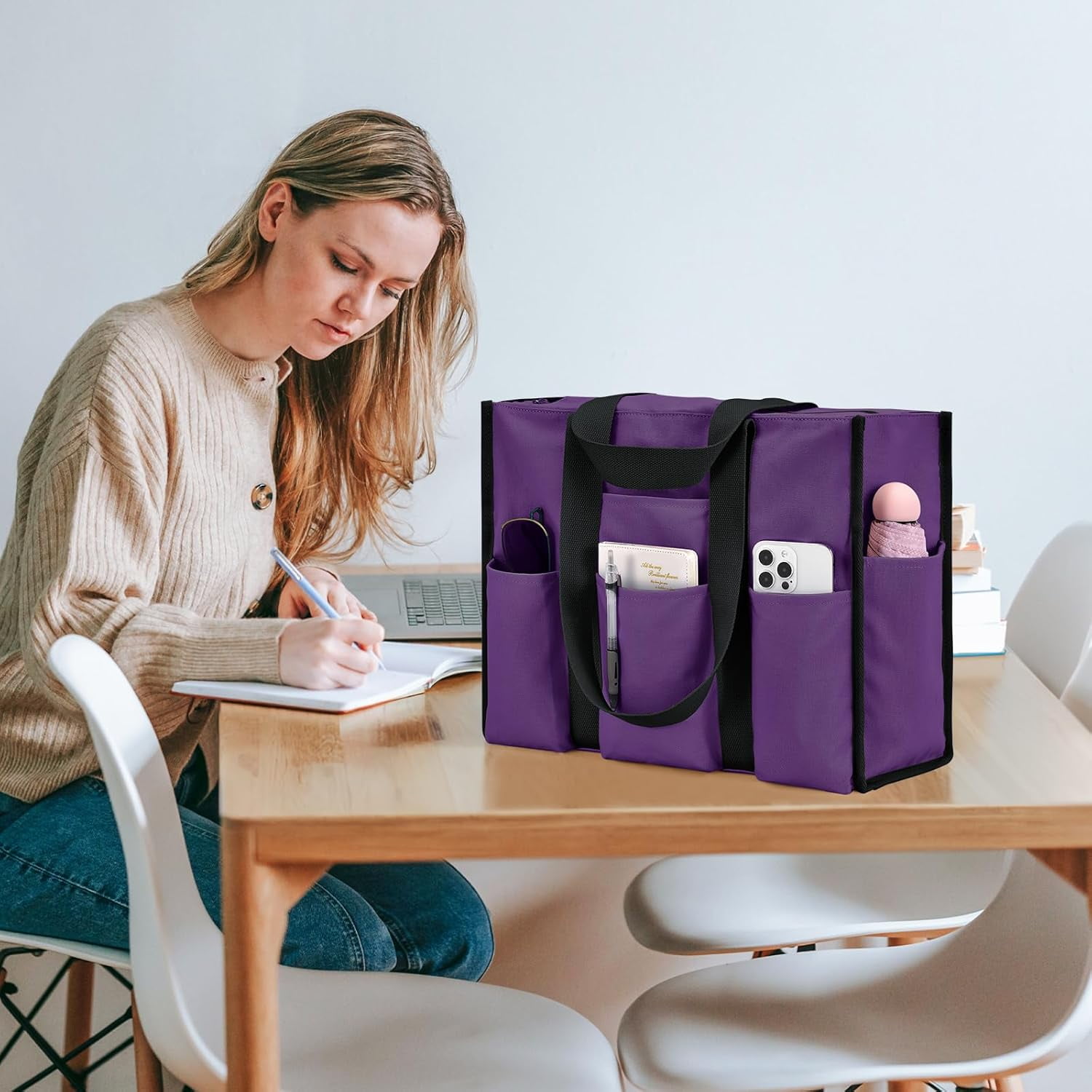 Omlopp Large Tote Bag for Women Waterproof with 12 Pockets Top Zipper Closure Utility Teacher Nurse Bags for Work School-Purple-Large