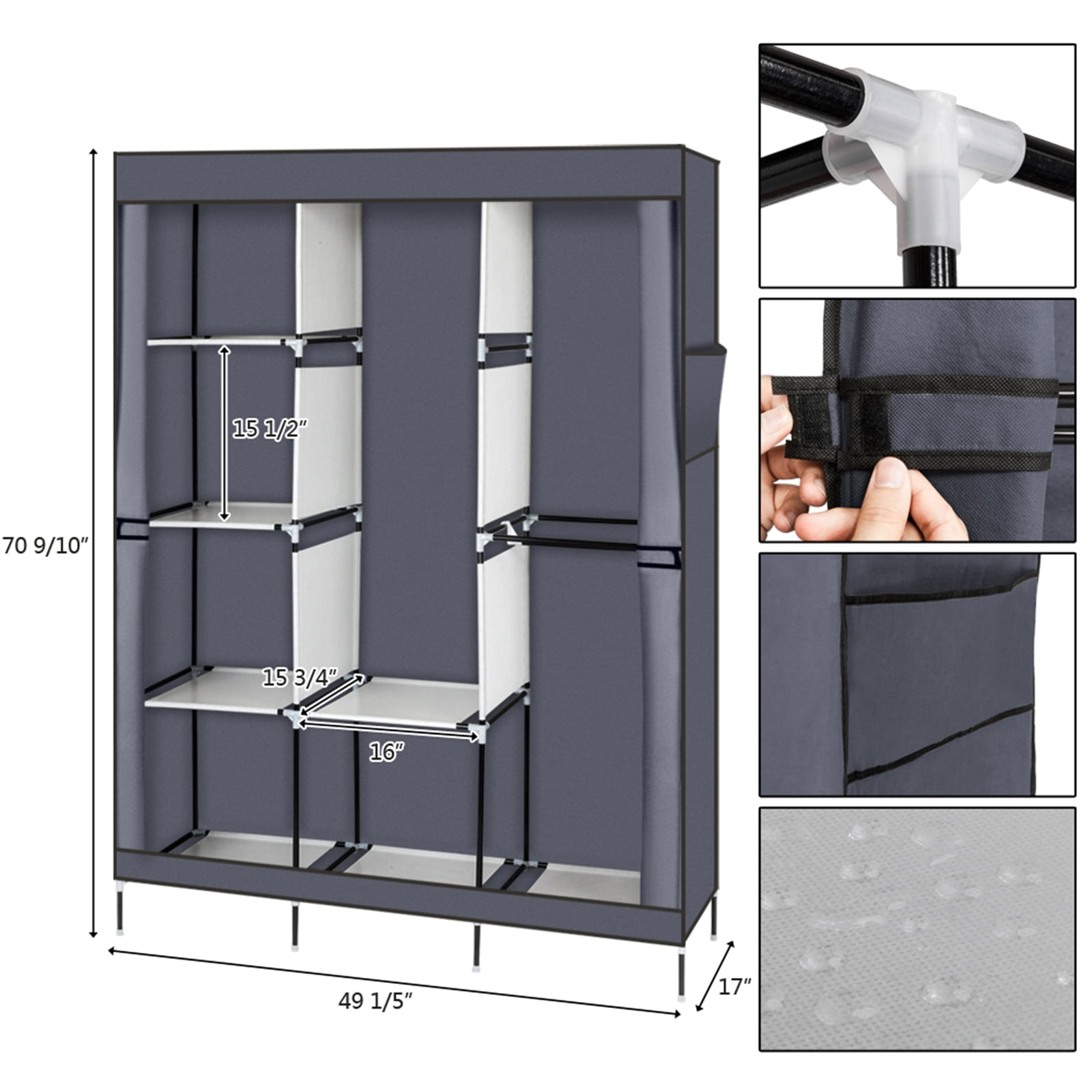 71" Closet Wardrobe Clothes Rack Storage Organizer with Shelf, Gray