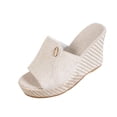 thumbnail image 3 of Women's Wide Width Espadrille Wedge Slide Sandals, Open Toe Linen Platform Slippers, Comfortable Casual Summer Shoes for Outdoor & Daily Wear, Beige/Black, 3 of 10