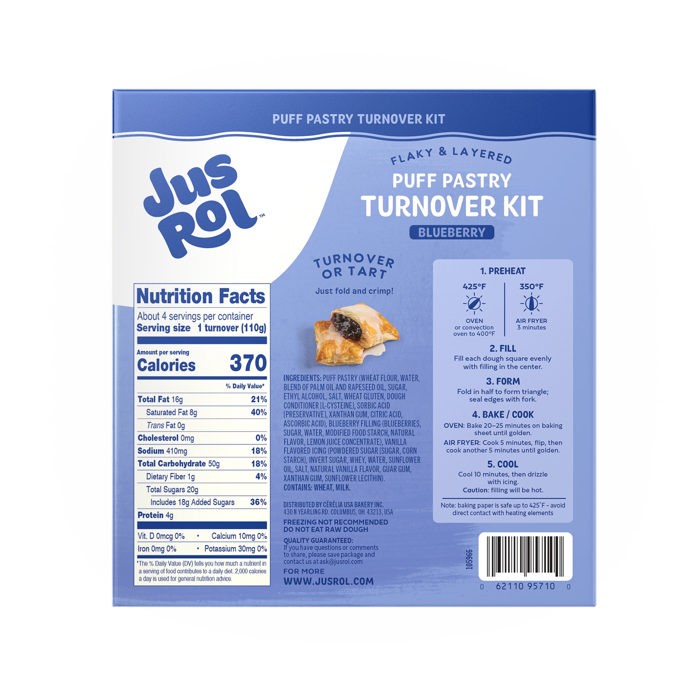 Jus-Rol Blueberry Puff Pastry Turnover Kit, 15.45 oz, Makes 4 Turnovers – Refrigerated Flaky & Layered Pastry with Real Fruit Filling and Icing