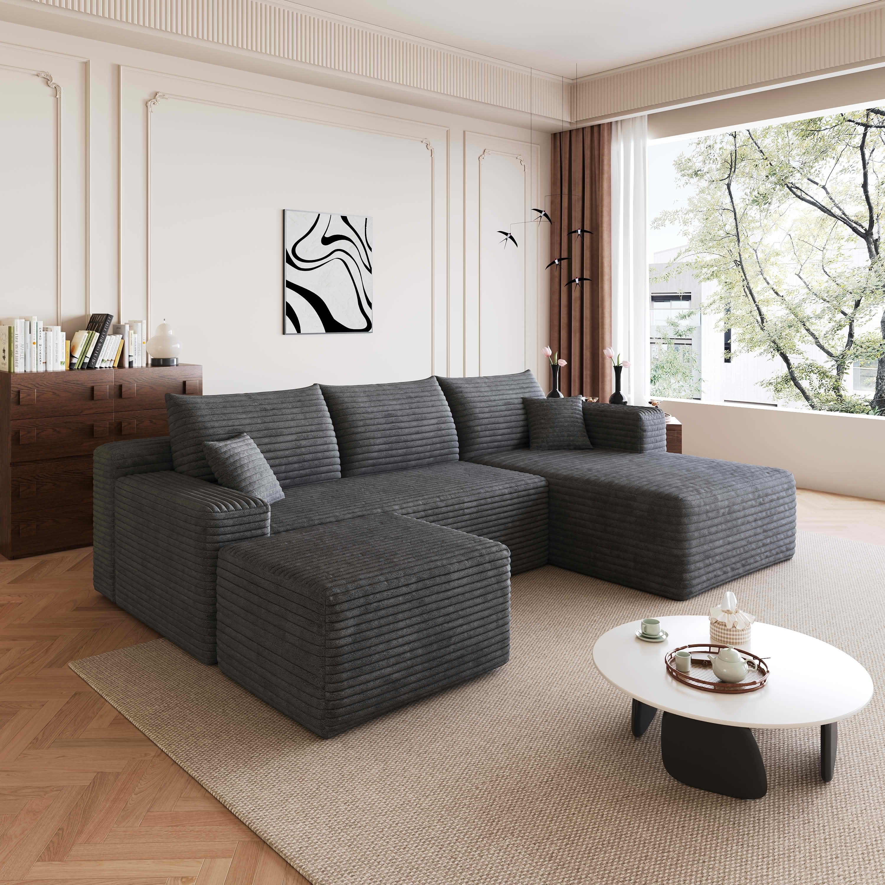 MAYEERTY 95" Cloud Sectional Sofa with Ottoman, U-Shaped Corduroy Deep Seat Couch, No Assembly for Living Room, Dark Gray
