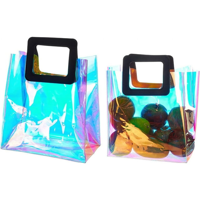 Bolsas de mano holográficas de PVC transparente, reutilizables, de arcoíris, de gran capacidad, para compras minoristas, 2 unidades