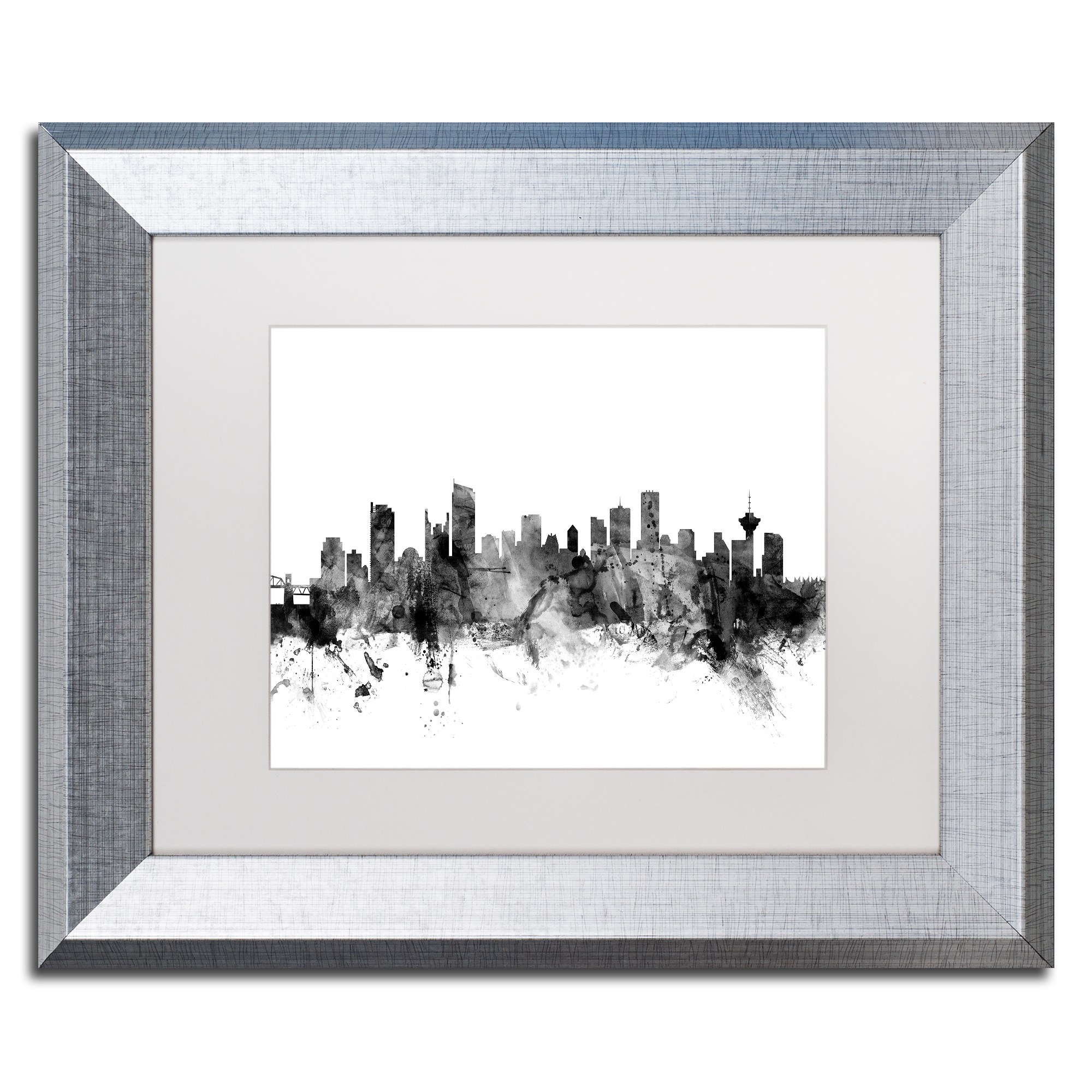 Trademark Fine Art "Vancouver Canada Skyline B&W" Canvas Art by Michael Tompsett, White Matte, Silver Frame