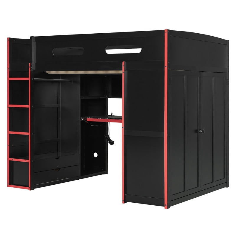 Full Size Wooden Loft Bed with Desk, Wardrobe and Storage Shelves, Gaming Loft Bed Frame with RGB LED Light, USB Charging Port and Built-In Workstation for Bedroom