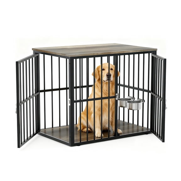 43'' Heavy Duty Dog Crate Furniture with 2 Doors and Adjustable Bowls for Medium Large Dogs, Wooden Dog Cage Kennel Indoor Pet Cage House & Side End Table, Easy Assembly