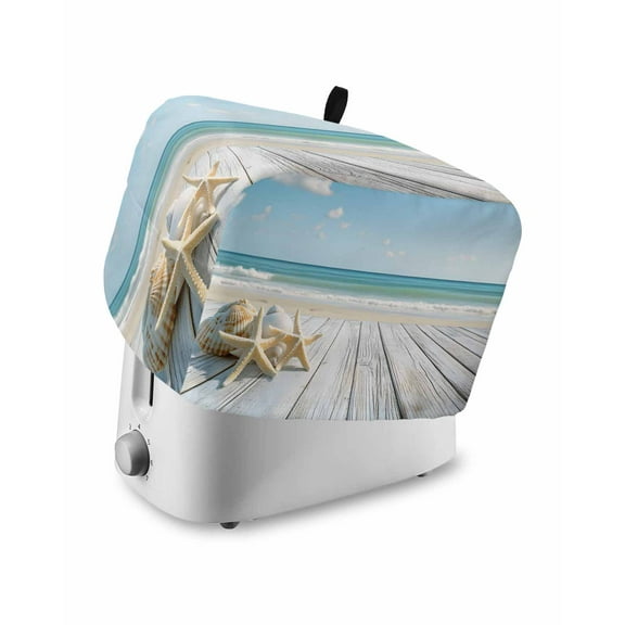 Fsddascl Summer Beach Toaster Cover 2 Slice, Small Kitchen Appliance Covers, Ocean Coastal Starfish Seashells Blue Sky Toaster Oven Cover with Loop, Bread Machine Cover Polyester Dust Cover
