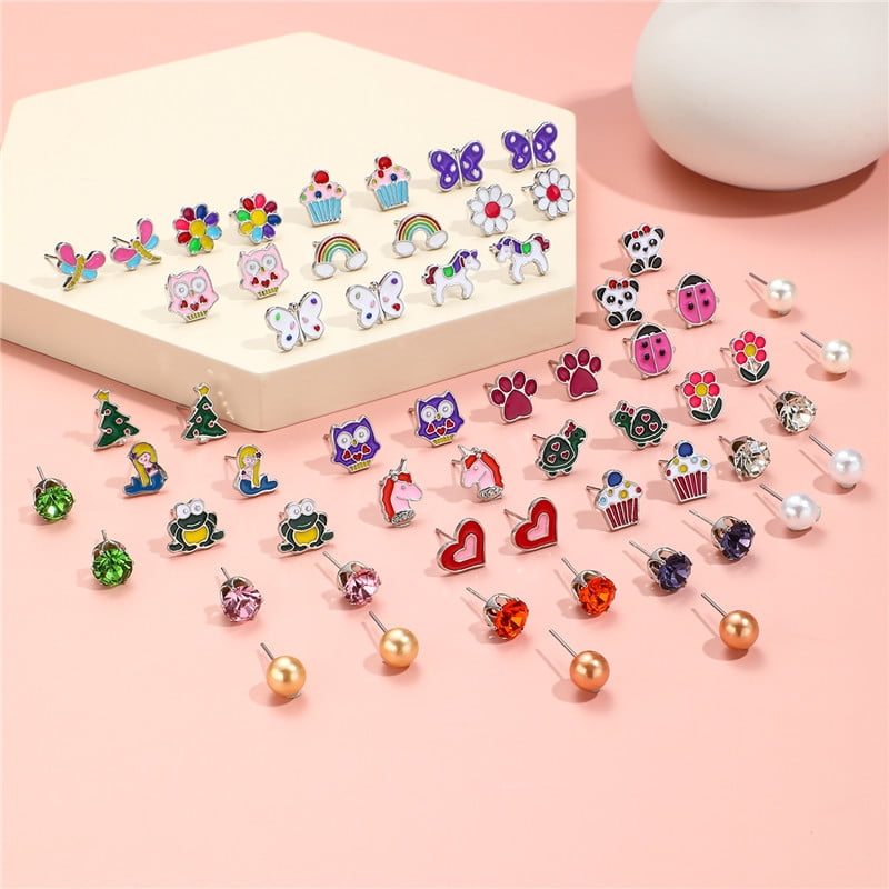Yao 30 Pairs Earrings Girls Stud Earrings Stainless Steel Hypoallergenic Piercing Earrings Cute Animal Flower Star Heart Butterfly Pearl Stud Earrings kids jewelry Walmart