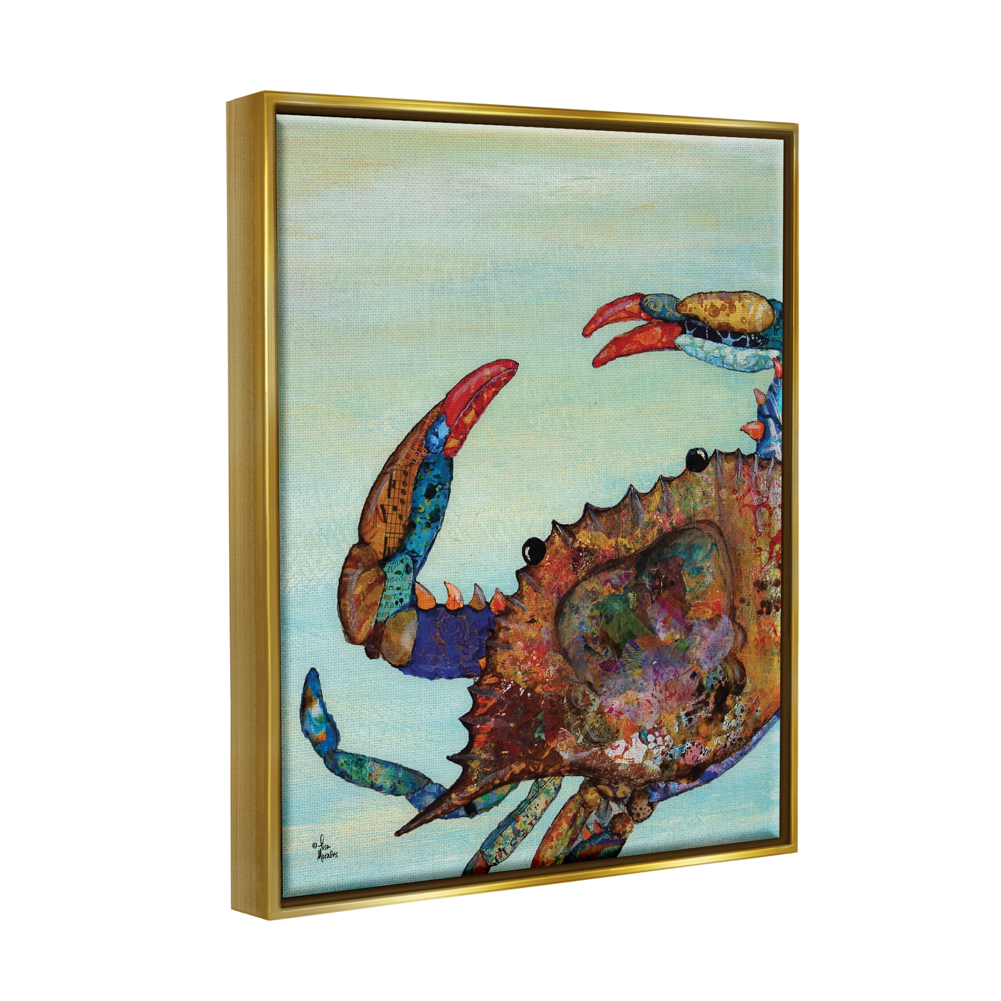 Stupell Industries Colorful Crab on Sand Aquatic Animal Painting Metallic Gold Framed Floating Canvas Wall Art, 24x30, by Lisa Morales