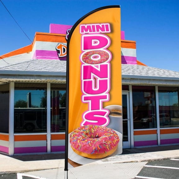 QSUM Mini Donuts Themed Swooper Flag, 11 FT Mini Donuts Signs Featehr Flag for Store Sales(ONLY FLAG)