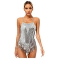 thumbnail image 2 of Raenseen Womens Sleeveless Sequin Leotard with Fringe Latin Jazz Chacha Ballroom Dance Costume Silver M, 2 of 8