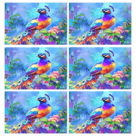 

Colorful Peacock Among Flowers 6-Piece 12x18in Durable Place Mats Heat-Proof and Non-Slip