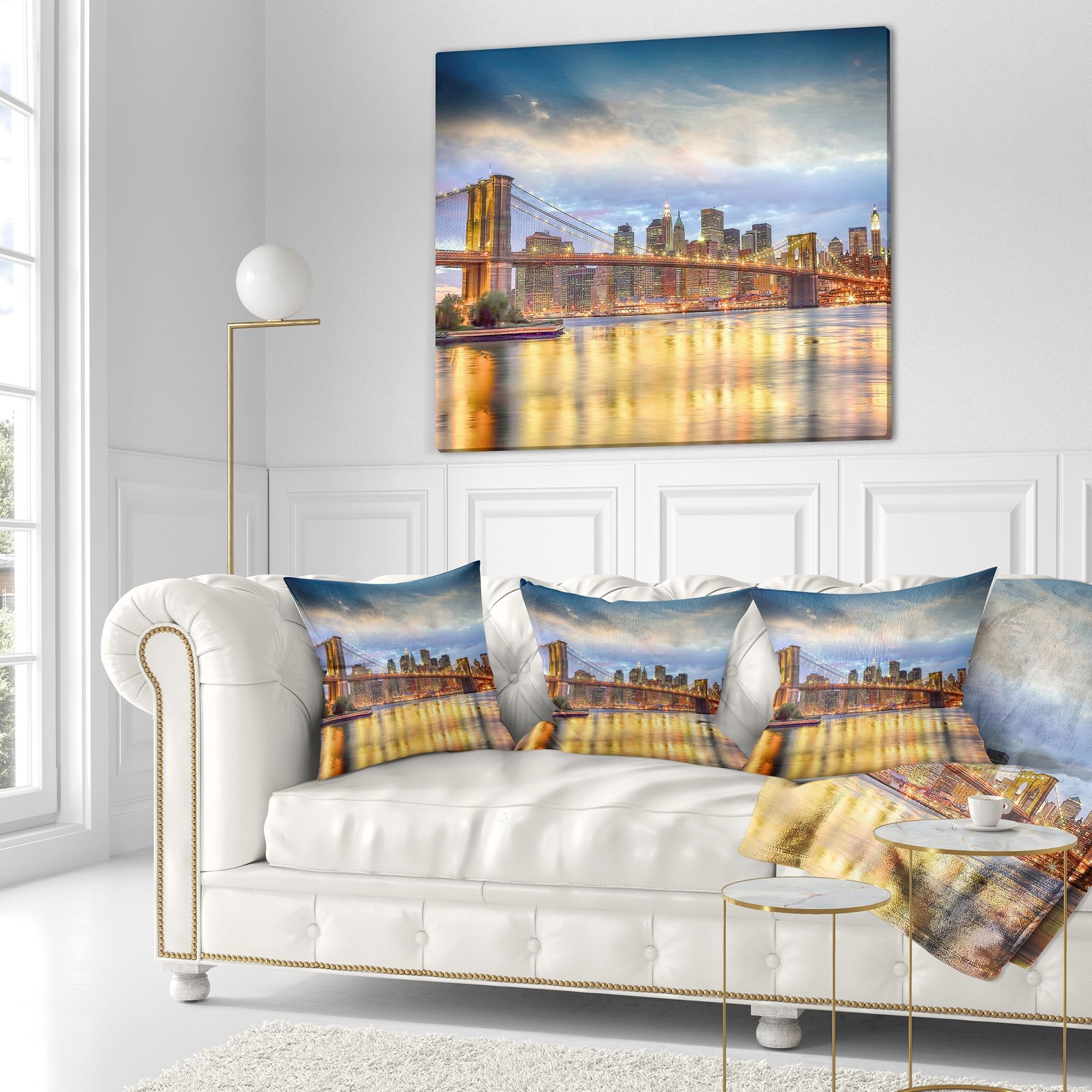 Designart Brooklyn Bridge with Night Illumination - Cityscape Throw Pillow - 18x18