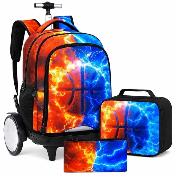 Quiet Rolling Backpack with Lunch Box Set – Large‑Wheel Water‑Resistant Wheeled Bag for School, Outings, and Travel | Fire-Lightning Basketball 3‑Piece Organizer Backpack