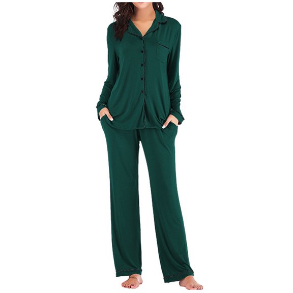 Elainilye Fashion Modal Pajamas Women Single-breasted Pajamas Autumn Winter Long Sleeve Pajama Pants Homewear Sleepwear Pajama Set,Green