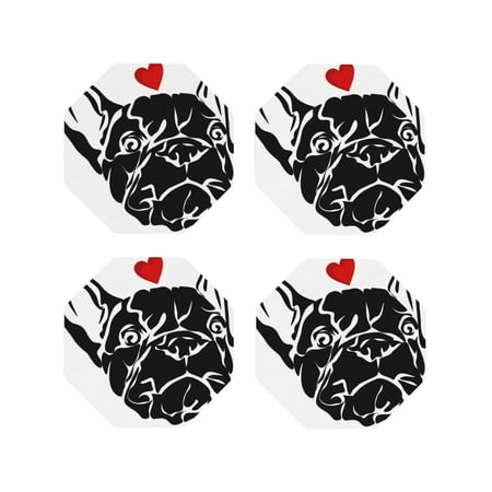 

Fuzoiu Red Heart And Puppy Of Bulldog Print Leather Coasters Set Drink Coasters Set of 4 for Tabletop Protection Durable PVC Coasters Home Décor and Housewarming Gift-Octagon