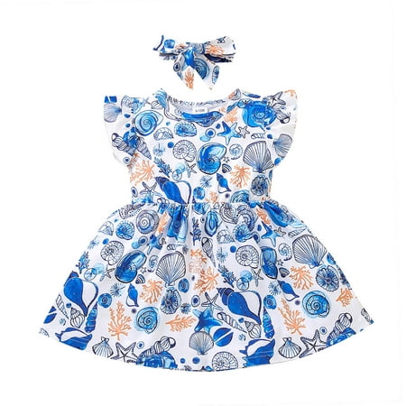 

Summer Dresses Girls And Toddlers Short Sleeve Party Tutu Dresses Casual Print Sky Blue 6-9M