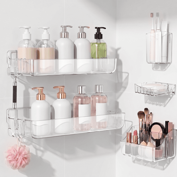 5 Pack Adhesive Shower Caddy, Clear Bathroom Organizers and Storage, Shower Organizer for Adhesive Wall Shelf, No Drill Wall Mounted Shower Shelves with Drainage Holes for Shampoo, Toiletries, Makeup